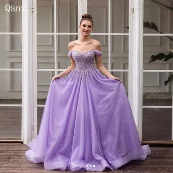 Qanz de Luxo, Brilho da Noite Vestidos de Tule Brilho Princesa Vestido de baile Vestido de Baile, Fora O Ombro Lilás Vestidos Concurso para Womé
