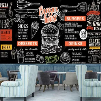 Quadro Pintado à Mão Hambúrguer, Pizza de Fast Food 3D Personalizado Mural Snack-Bar Industrial de Decoração de Parede de Papel Auto-adesivo de Parede