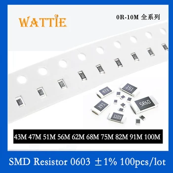 Resistor SMD 0603 1% 43 47M 51M 56m tipo de 62M 68 MILHÕES 75M, 82M 91M de 100M 100PCS/monte chip resistores de 1/10W 1,6 mm*0,8 mm de Alta megohm