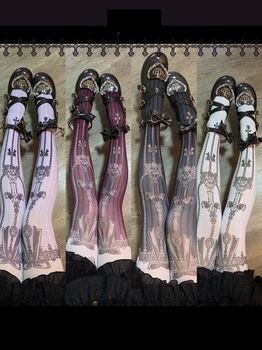 Retro Clássico, de Estilo Vitoriano Bonito Impresso Macacões para a Mulher Doce Japonês Kawaii Slim Y2K Sockings Lolita Meias Coxa Alta