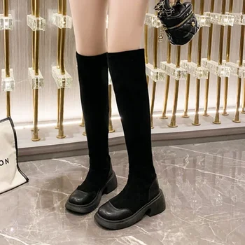 Sapatos femininos em Venda De 2023 Moda Manga Botas femininas Inverno Dedo do pé Redondo Sólido de Alta Tubo de Chunky Calcanhar Sobre O Joelho Botas Zapatos