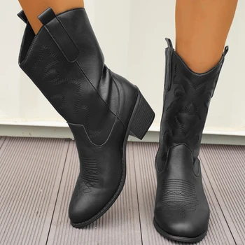 Sapatos para as Mulheres 2023 Alta Qualidade Deslizar sobre Botas femininas Outono Dedo do pé Redondo Sólido Casual Meados de Bezerro Meados de Calcanhar Mulheres Ocidentais Botas