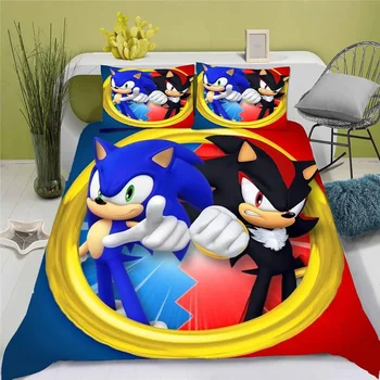 Sonic Animação de Três peças de Conjunto 3D de Impressão Digital, Capa de Edredão Fronha Quente e Confortável