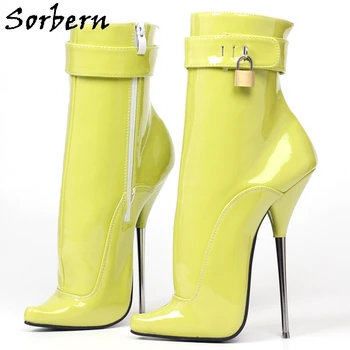 Sorbern Patente Amarelo Ankle Boots com Fechadura de Tiras de 18Cm de Ballet de Metal de Alta Saltos Pontudos Dedos Cor Personalizada Fetiche Sapatos