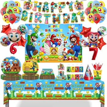 Super Mario Party Decoração De Chá De Bebê Aniversário De Mesa De Suprimentos Do Copo De Papel Toalha Número De Balão Bolo Toppers De Fundo