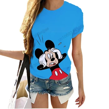 T-shirt de Um Pedaços Disney Mulheres Pulovers em torno do Pescoço T-shirts para Mulheres de Verão 2023 Mickey Kawaii Roupa de Mulher Roupa de Kpop
