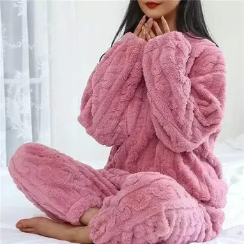Veludo, Flanela Conjuntos De Pijamas De Inverno Outono Mulheres Casual Coral Manga Da Roupa De Noite Longa E Espessa Quente Soild Homewear Pijama