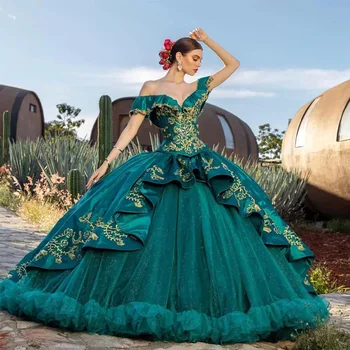 Verde Mexicano Vestido Quinceanera 2023 Decote em V Applique Frisado Vestidos XV Años Sweet 16 Veste do Vestido De Soirée Meninas Aniversário de Desgaste