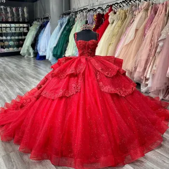 Vermelho Brilhante Princesa Vestidos de Quinceanera Floral Applique Desossa Espartilho vestidos de 15 quinceañera 2024 Baile Lace Up
