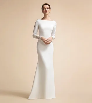 Vestidos de noiva para Noiva de Cetim Lace Vestidos De Noiva 2024 Elegante e Simples de Noiva Sereia Vestidos de Mangas compridas Marfim Muçulmano