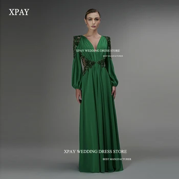 XPAY Vintage Verde com Decote em V Festa Vestidos de Mangas compridas Apliques Assoalho-Comprimento Dubai, Arábia Mulheres Vestidos de Noite Formal vestidos de Baile